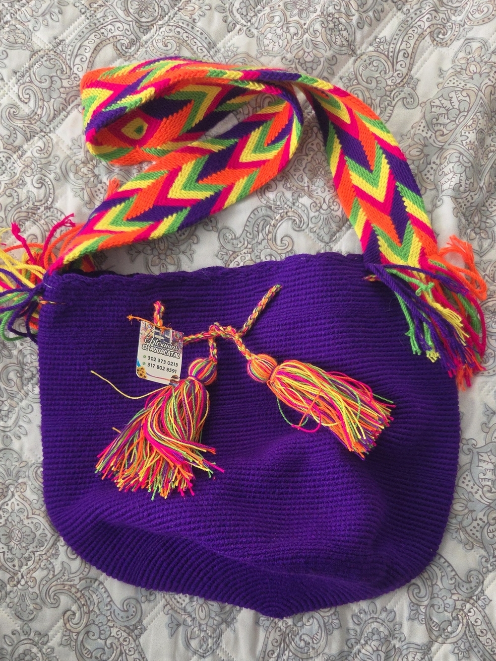 Purple Woven Crossbody Bag with Multicolor Strap